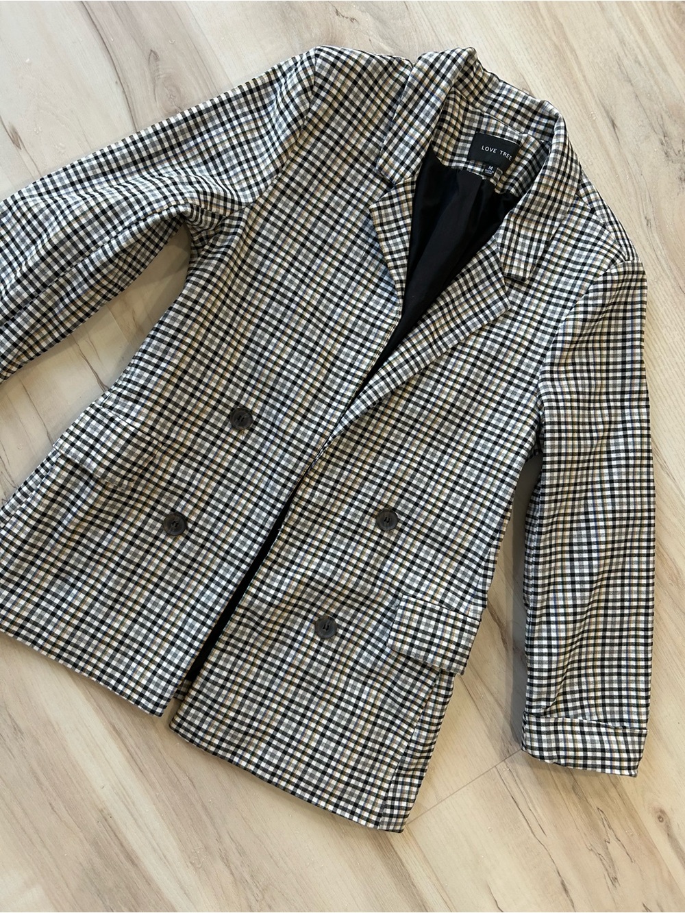 Love Tree Black & White Check Double-Breasted Pea Coat